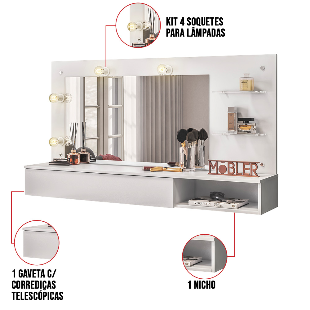 Penteadeira Camarim Suspenso Arlete com Espelho 01 Gaveta 135 cm Branco - D'Rossi
