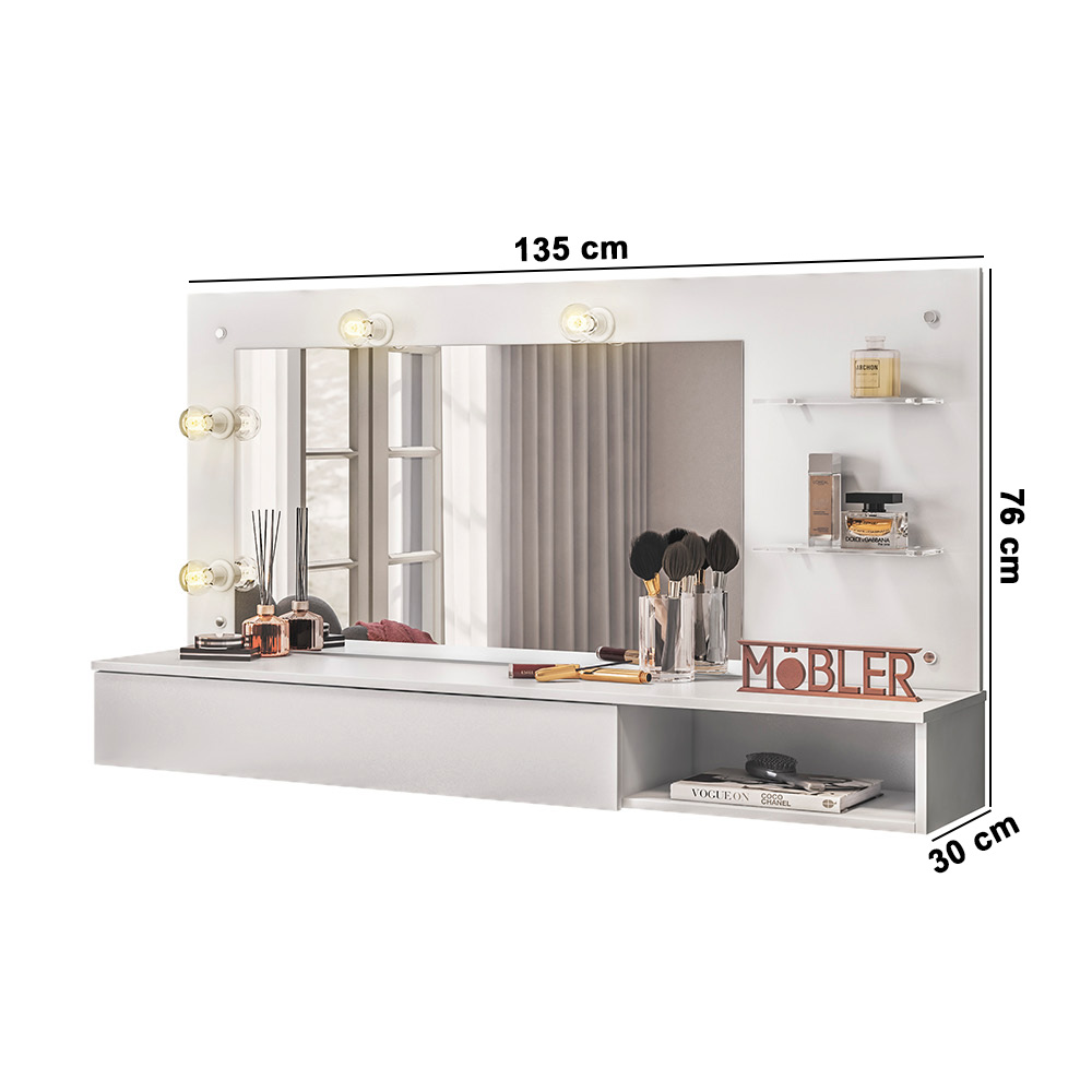 Penteadeira Camarim Suspenso Arlete com Espelho 01 Gaveta 135 cm Branco - D'Rossi