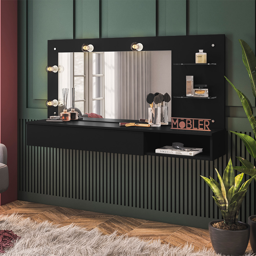 Penteadeira Camarim Suspenso Arlete com Espelho 01 Gaveta 135 cm Preto - D'Rossi