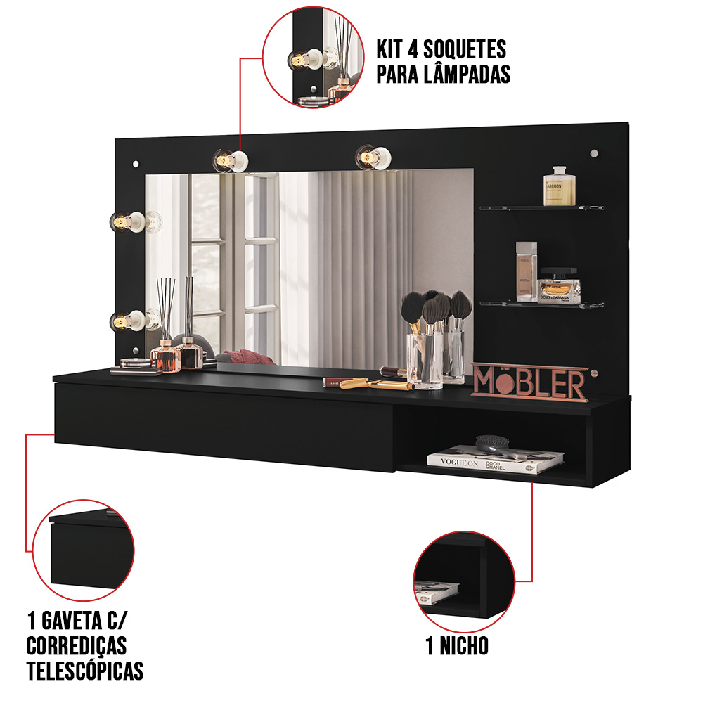 Penteadeira Camarim Suspenso Arlete com Espelho 01 Gaveta 135 cm Preto - D'Rossi