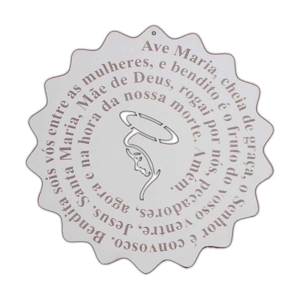 Placa Decorativa Oração Ave Maria Redondo Floral MDF 20x20 cm Branco - D'Rossi