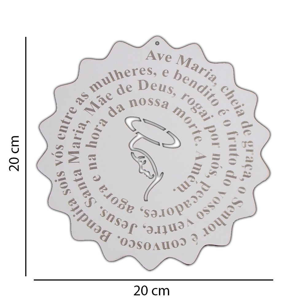 Placa Decorativa Oração Ave Maria Redondo Floral MDF 20x20 cm Branco - D'Rossi