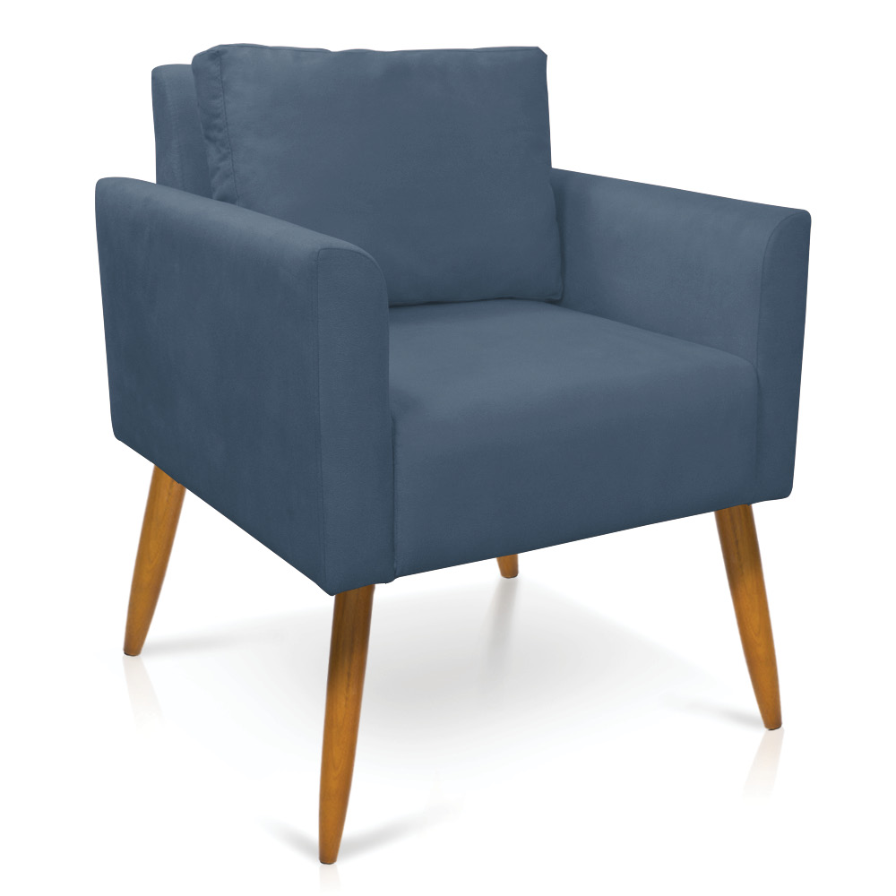 Poltrona Aline Suede Azul Marinho Pés Palito Castanho - D'Rossi