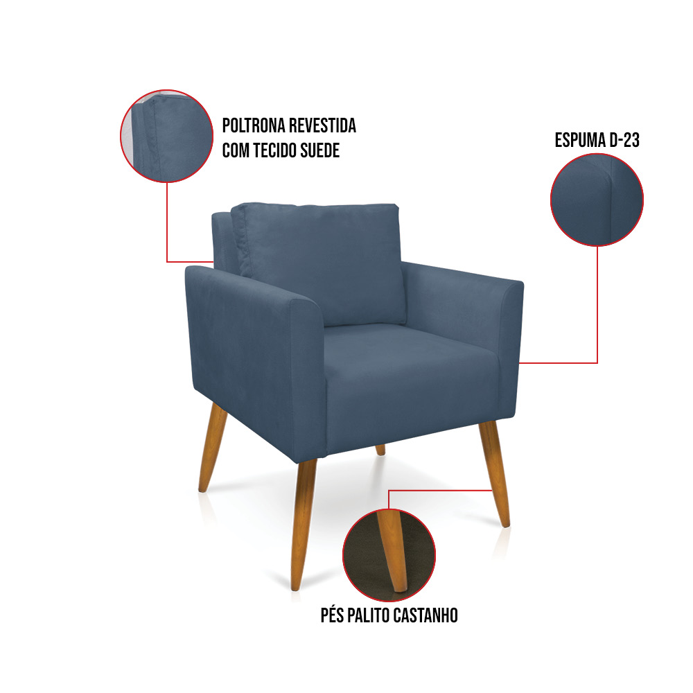 Poltrona Aline Suede Azul Marinho Pés Palito Castanho - D'Rossi