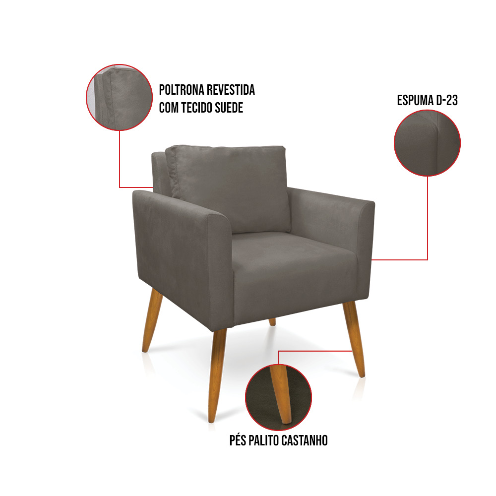 Poltrona Aline Suede Grafite Pés Palito Castanho - D'Rossi