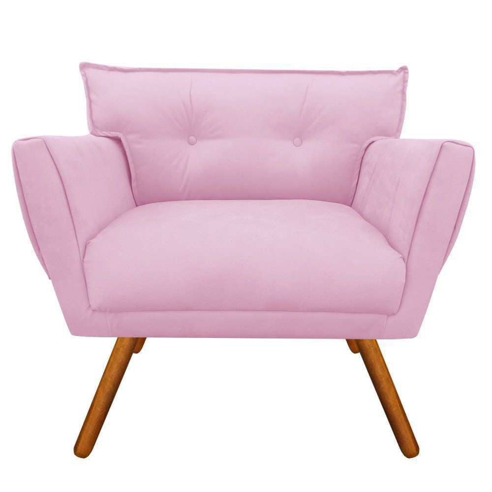 Poltrona Anitta Suede Rosa Bebê Pés Palito Castanho D'Rossi