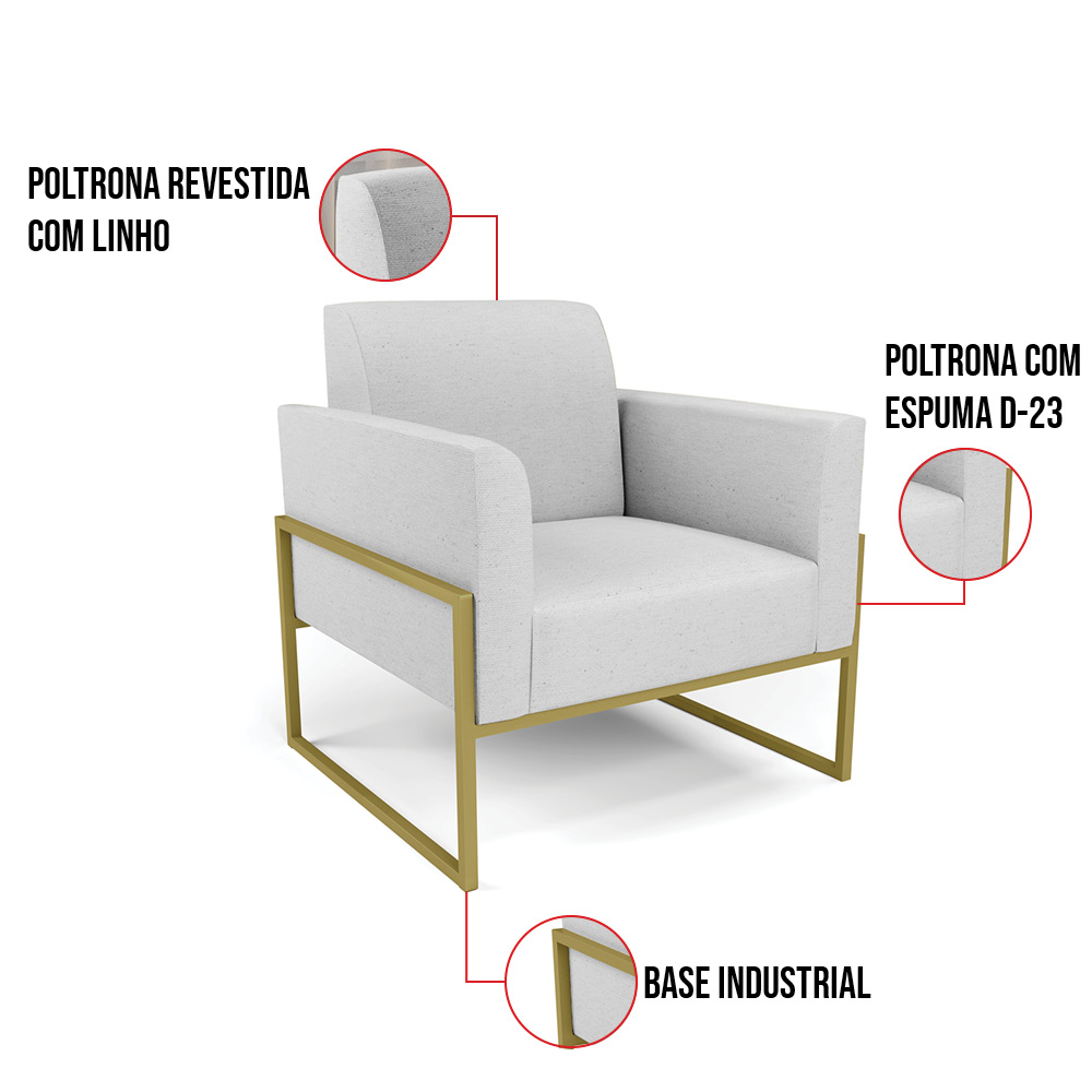 Poltrona Base Industrial Alta Dourado Marisa Linho Cinza A05 D03 - D'Rossi