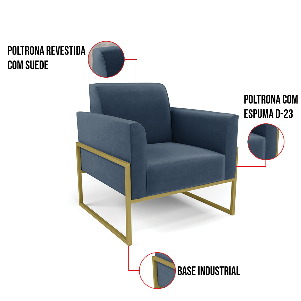 Poltrona Base Industrial Alta Dourado Marisa Suede Azul Marinho D03 - D'Rossi