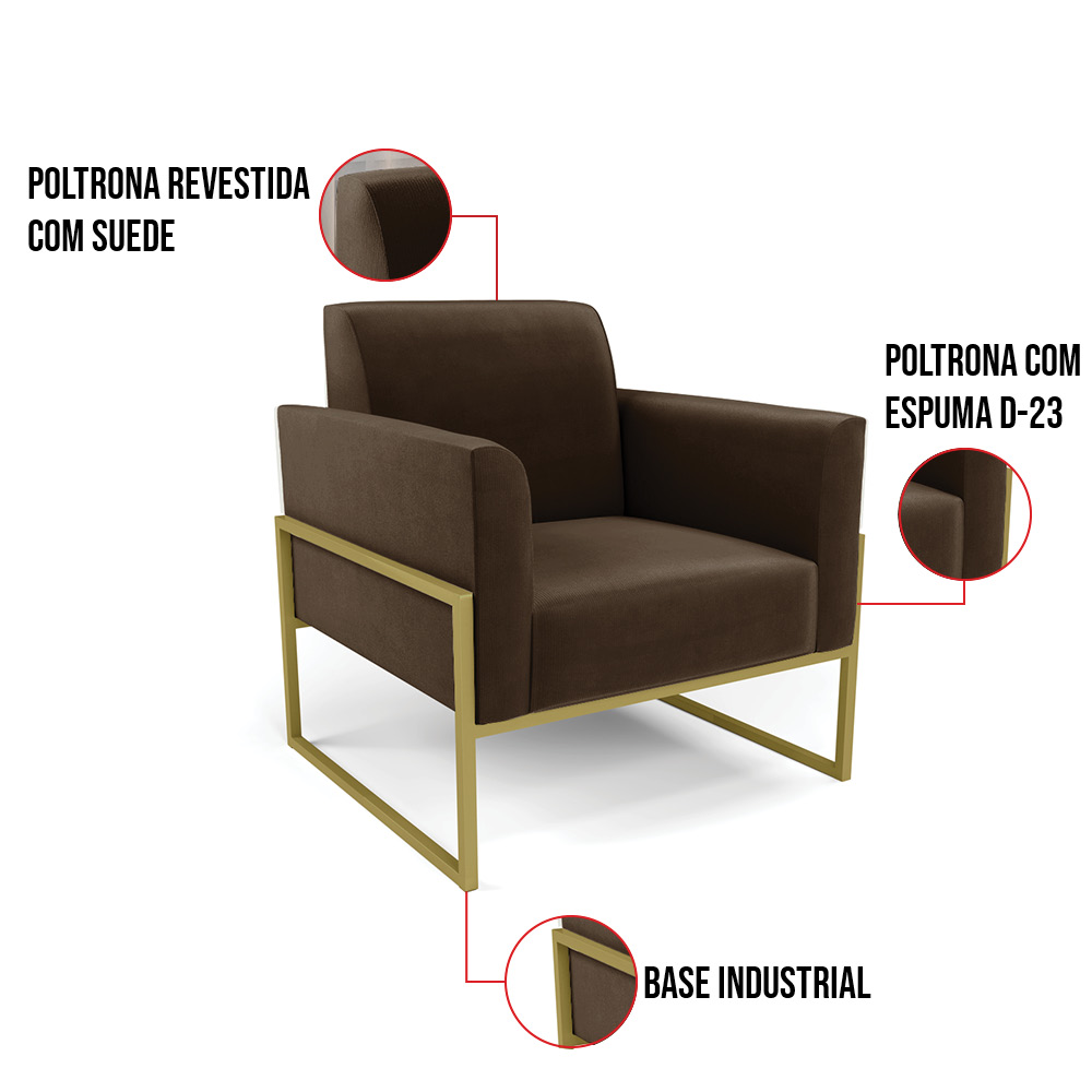 Poltrona Base Industrial Alta Dourado Marisa Suede Marrom D03 - D'Rossi