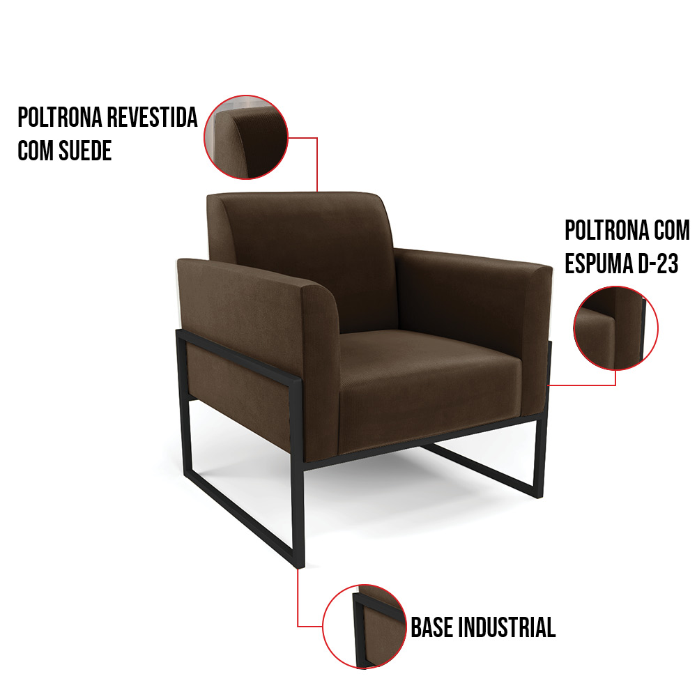 Poltrona Base Industrial Alta Preto Marisa Suede Marrom D03 - D'Rossi