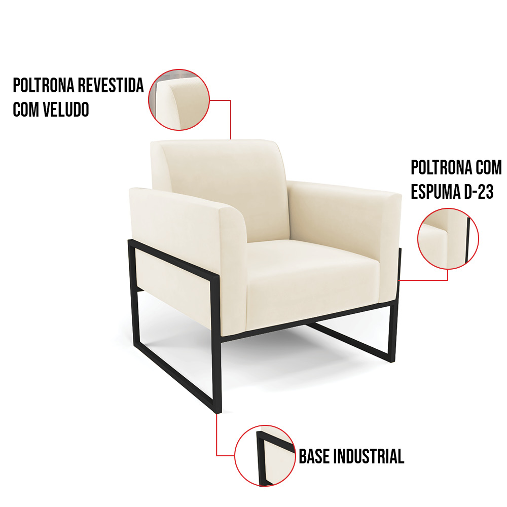 Poltrona Base Industrial Alta Preto Marisa Veludo Bege D03 - D'Rossi