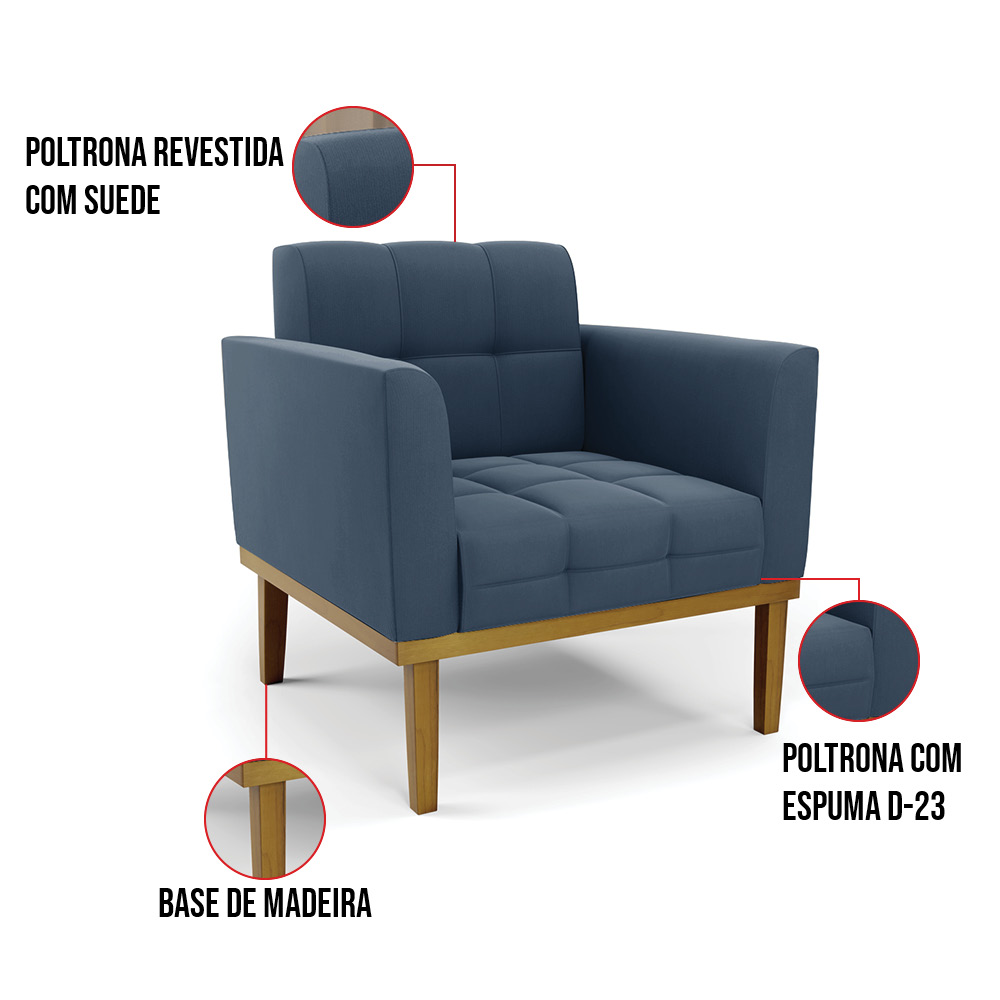 Poltrona Base de Madeira Fixa Castanho Kit 2 Elisa Suede Azul Marinho D03 - D'Rossi