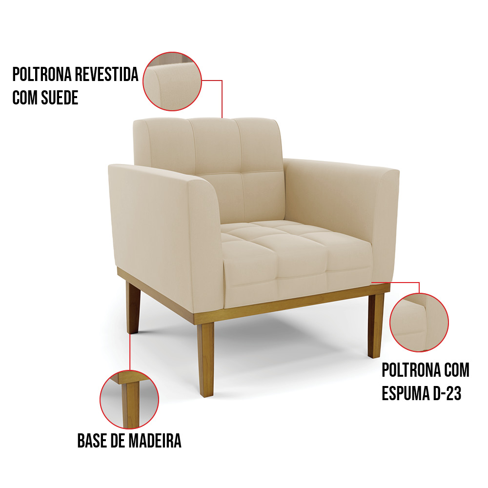 Poltrona Base de Madeira Fixa Castanho Kit 2 Elisa Suede Bege D03 - D'Rossi