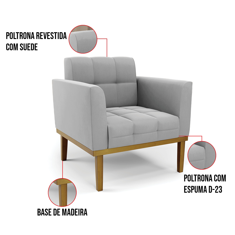 Poltrona Base de Madeira Fixa Castanho Kit 2 Elisa Suede Cinza D03 - D'Rossi