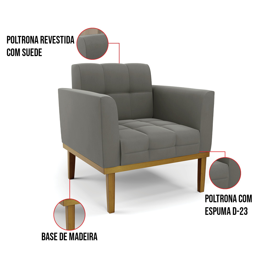 Poltrona Base de Madeira Fixa Castanho Kit 2 Elisa Suede Grafite D03 - D'Rossi