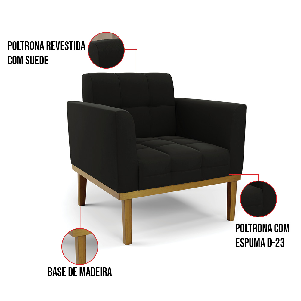 Poltrona Base de Madeira Fixa Castanho Kit 2 Elisa Suede Preto D03 - D'Rossi