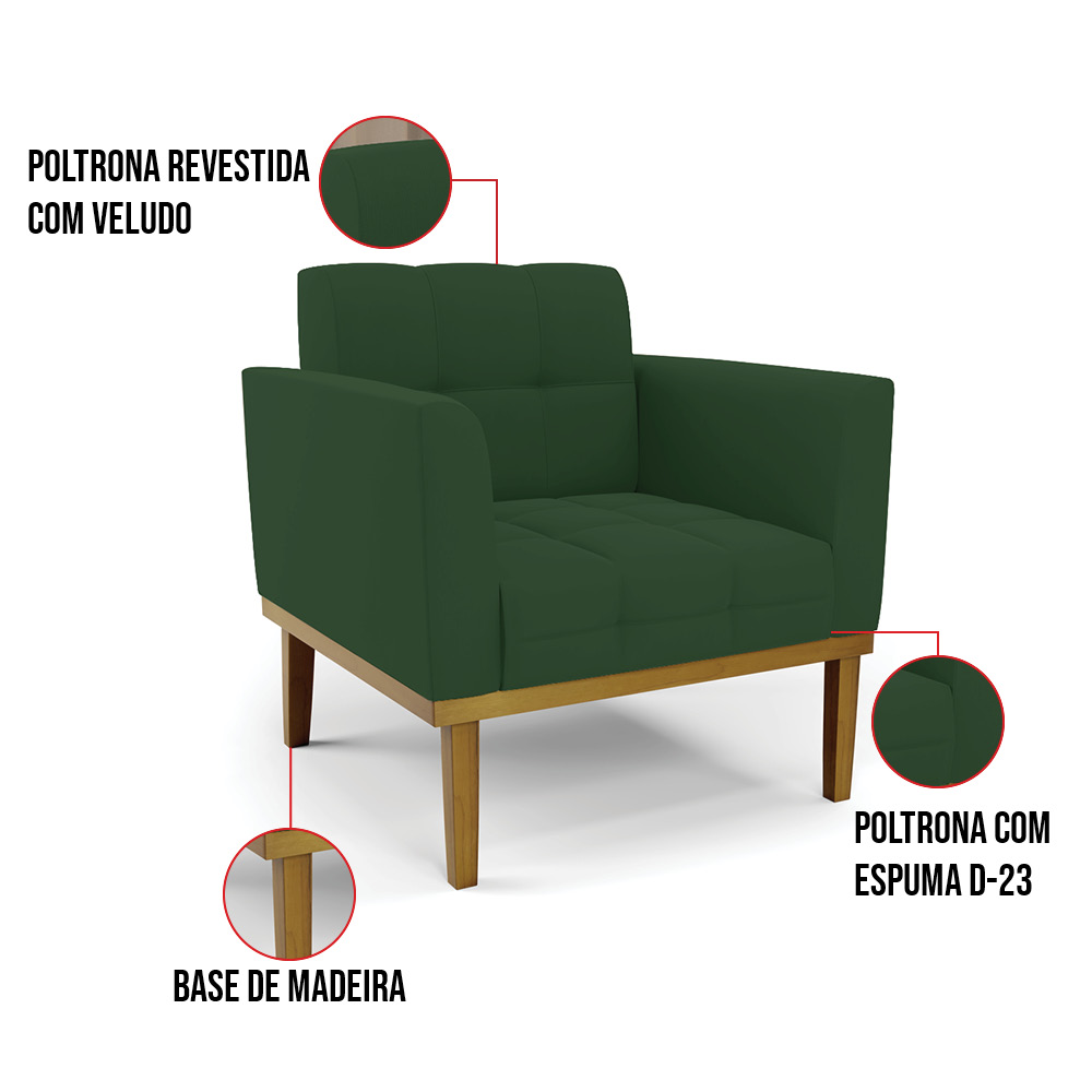 Poltrona Base de Madeira Fixa Castanho Kit 2 Elisa Veludo Verde D03 - D'Rossi