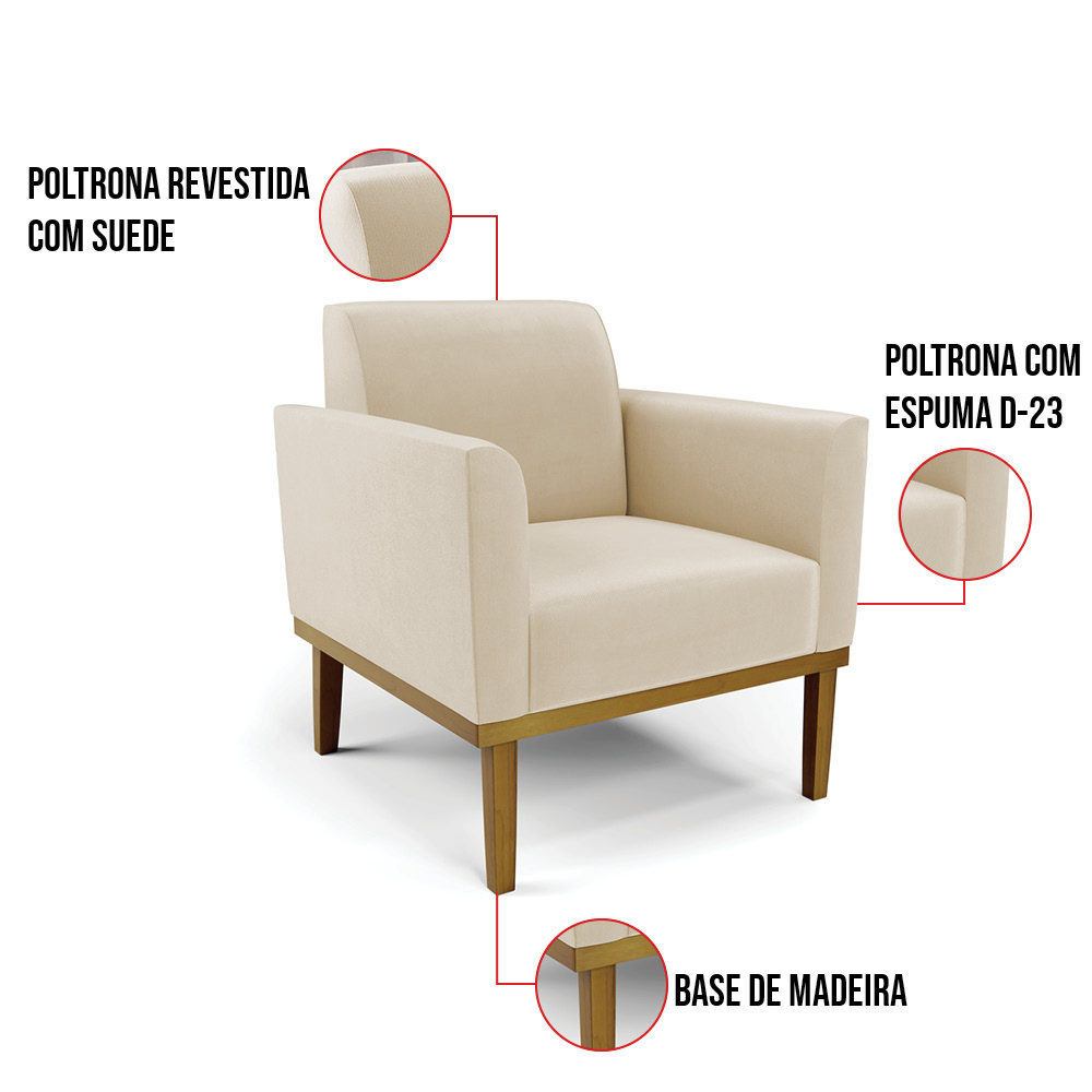 Poltrona Base de Madeira Fixa Castanho Marisa Suede Bege D03 - D'Rossi