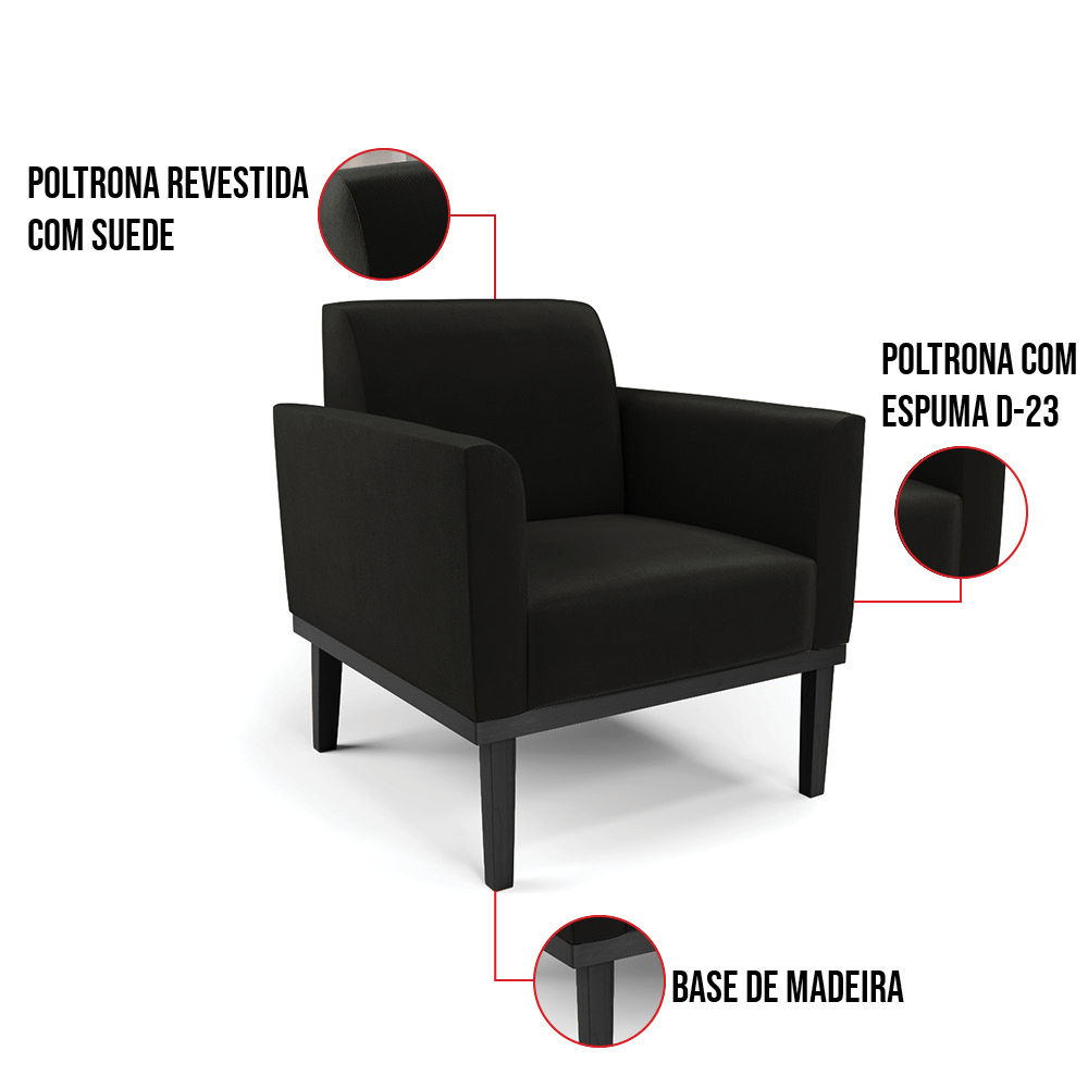 Poltrona Base de Madeira Fixa Preto Marisa Suede Preto  D03 - D'Rossi