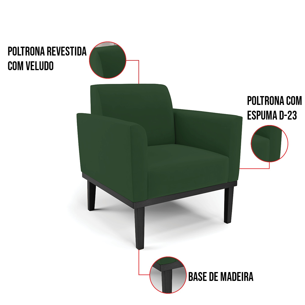 Poltrona Base de Madeira Fixa Preto Marisa Veludo Verde D03 - D'Rossi