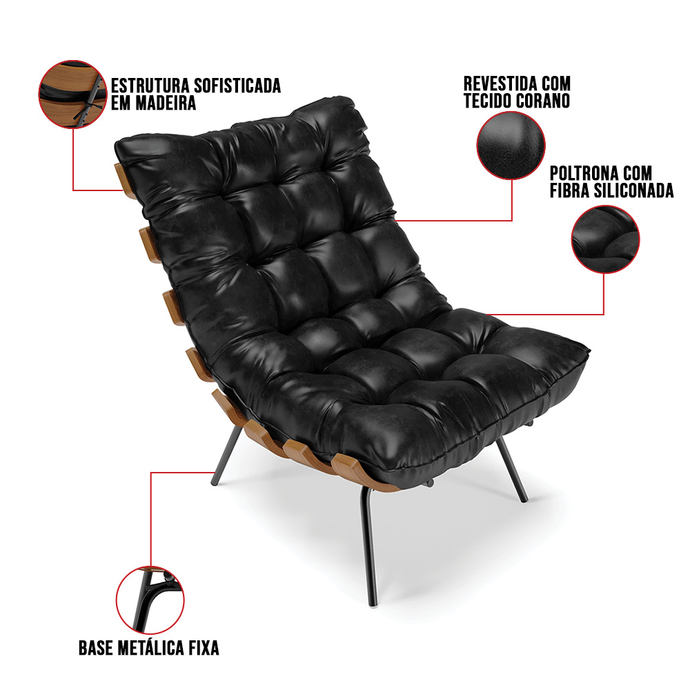 Poltrona Costela Corano Preto Base Metálica Preto - D'Rossi