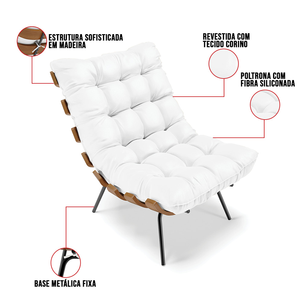 Poltrona Costela Corino Branco Base Metálica Preto - D'Rossi
