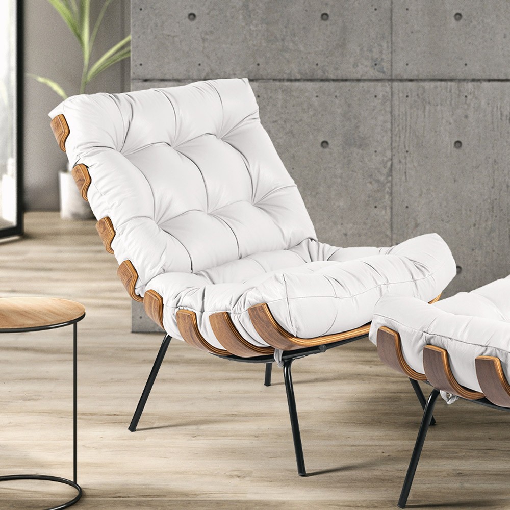 Poltrona Costela Couro Branco Base de Metal - D'Rossi