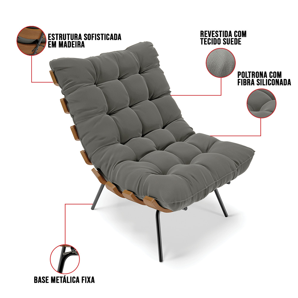 Poltrona Costela Suede Grafite Base Metálica Preto - D'Rossi