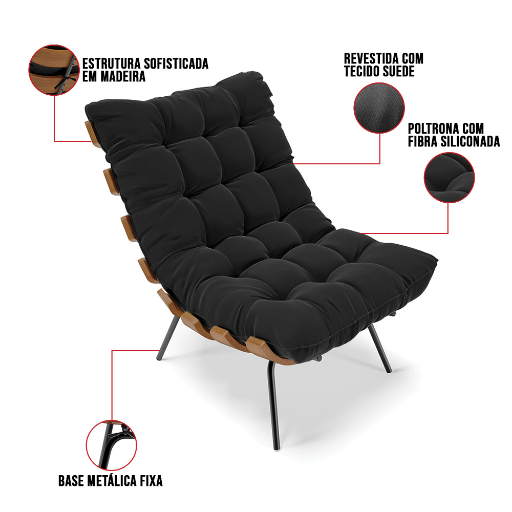 Poltrona Costela Suede Preto Base Metálica Preto - D'Rossi