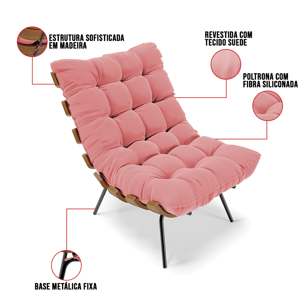 Poltrona Costela Suede Rosê Base Metálica Preto - D'Rossi