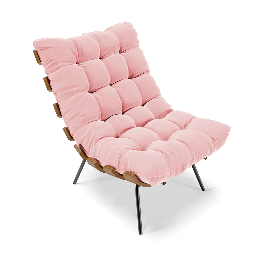 Poltrona Costela Suede Rosa Bebê Base Metálica Preto - D'Rossi