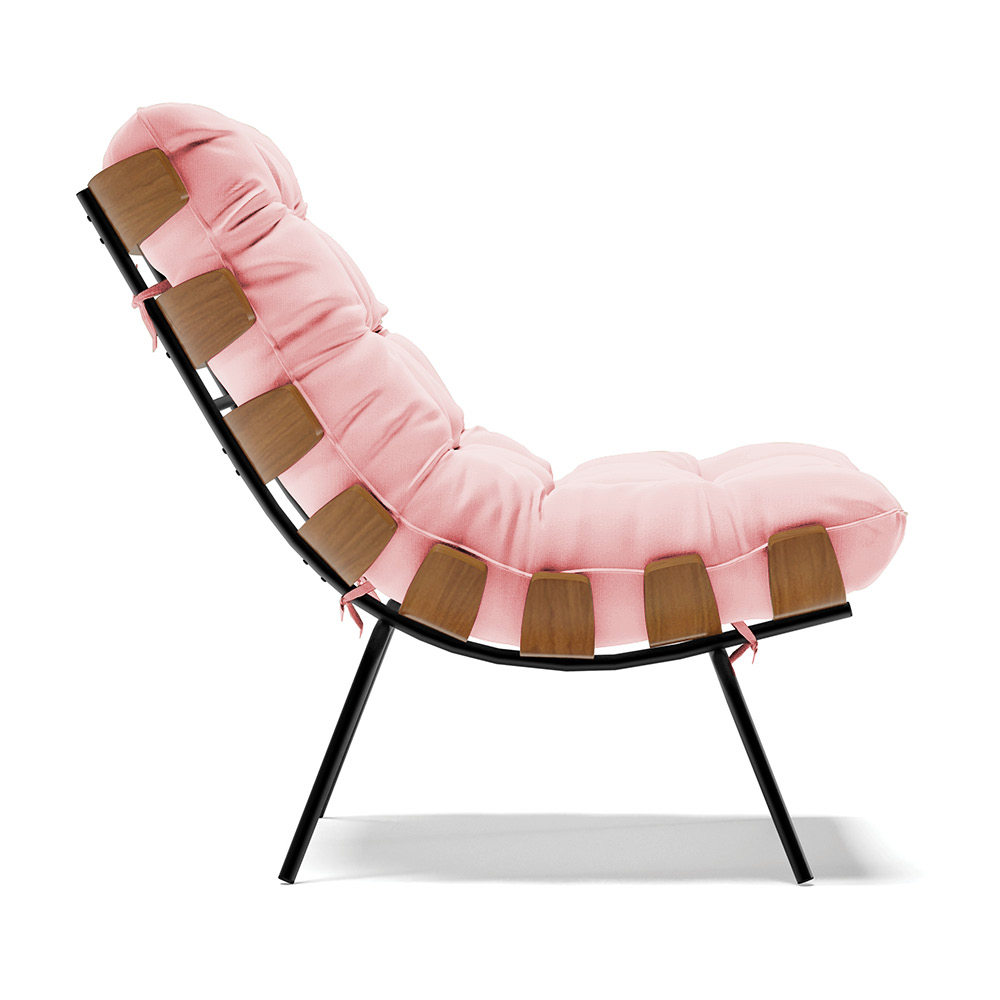 Poltrona Costela Suede Rosa Bebê Base Metálica Preto - D'Rossi