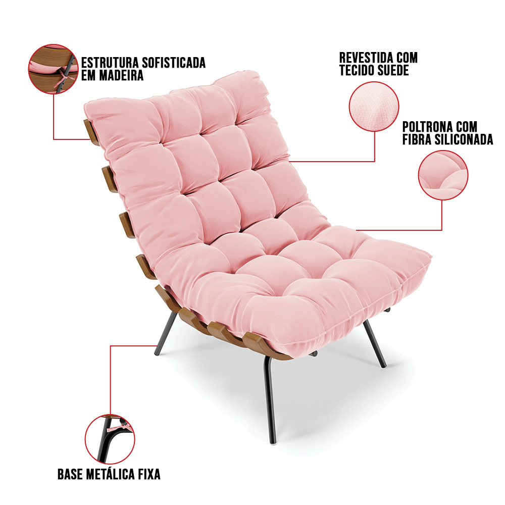 Poltrona Costela Suede Rosa Bebê Base Metálica Preto - D'Rossi