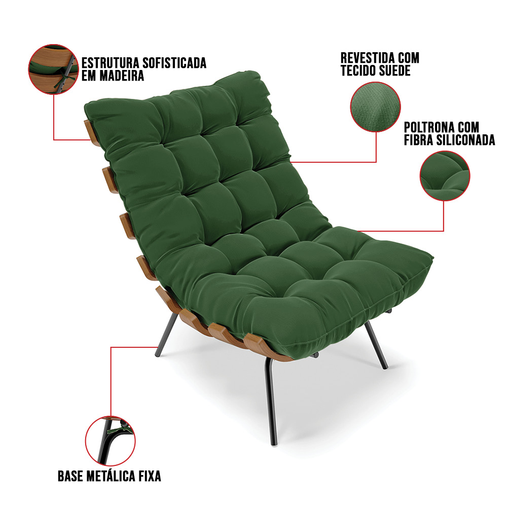 Poltrona Costela Suede Verde Base Metálica Preto - D'Rossi