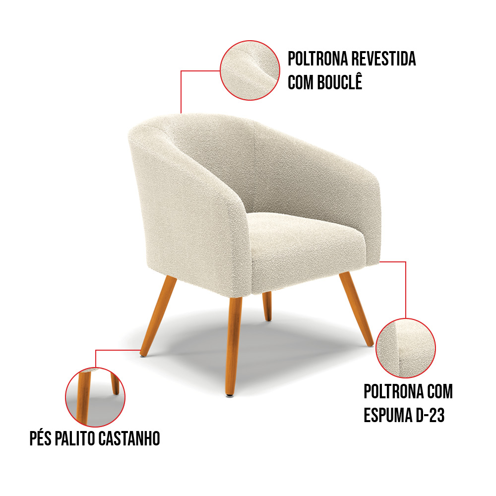 Poltrona Decorativa Pé Palito Castanho Stella Bouclê Bege D03 - D'Rossi