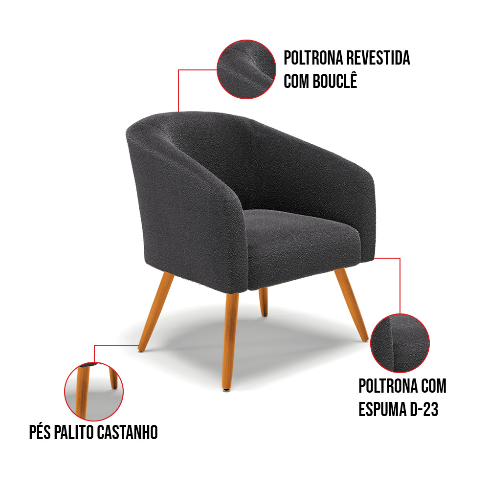 Poltrona Decorativa Pé Palito Castanho Stella Bouclê Grafite D03 - D'Rossi