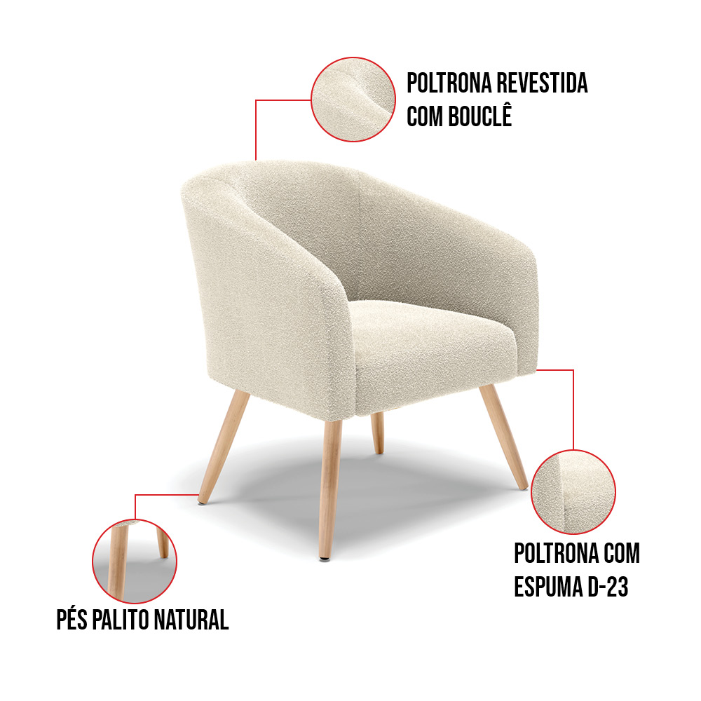 Poltrona Decorativa Pé Palito Natural Kit 2 Stella Bouclê Bege D03 - D'Rossi