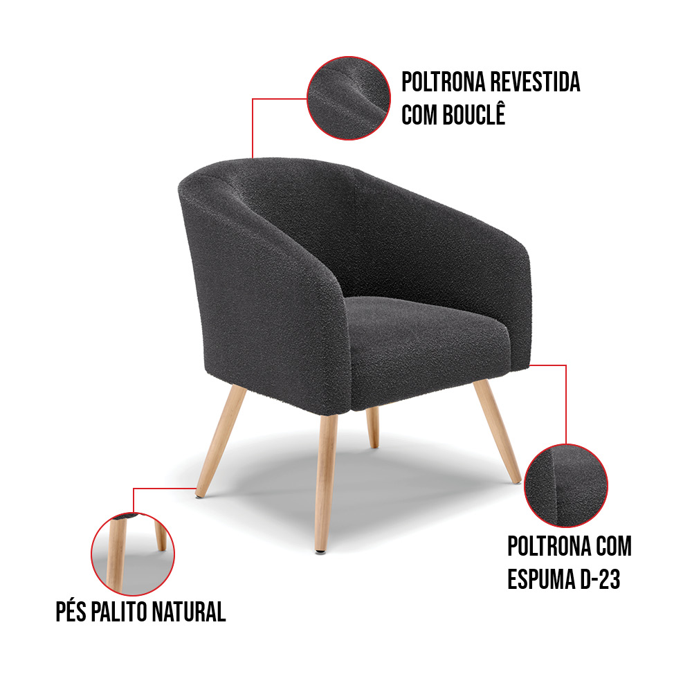 Poltrona Decorativa Pé Palito Natural Kit 2 Stella Bouclê Grafite D03 - D'Rossi
