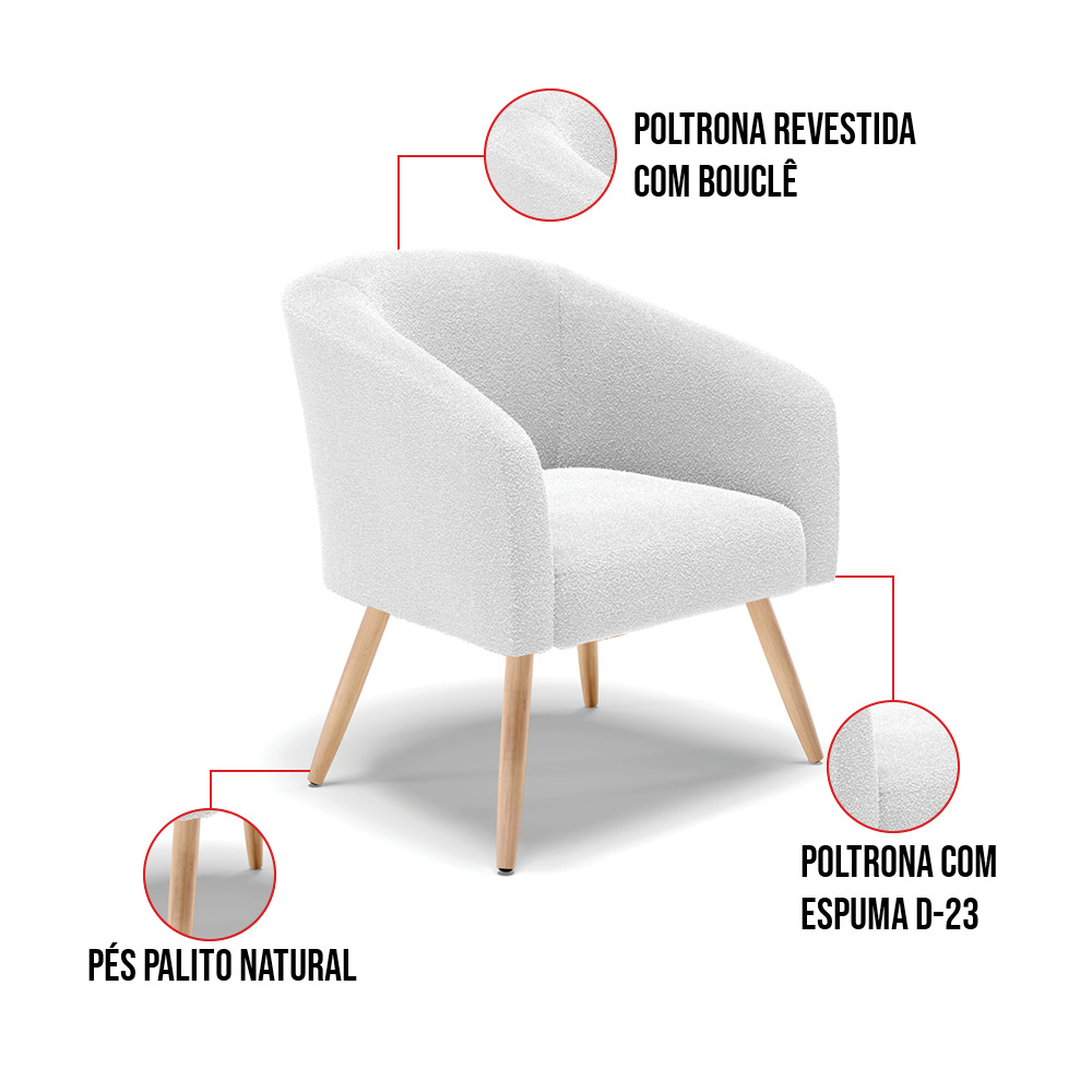Poltrona Decorativa Pé Palito Natural Kit 2 Stella Bouclê Off White D03 - D'Rossi