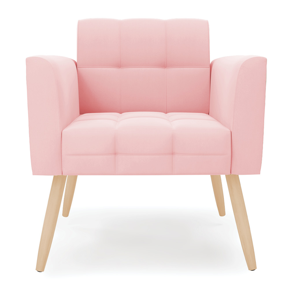 Poltrona Elisa Suede Rosa Bebê Pés Palito Natural - D'Rossi