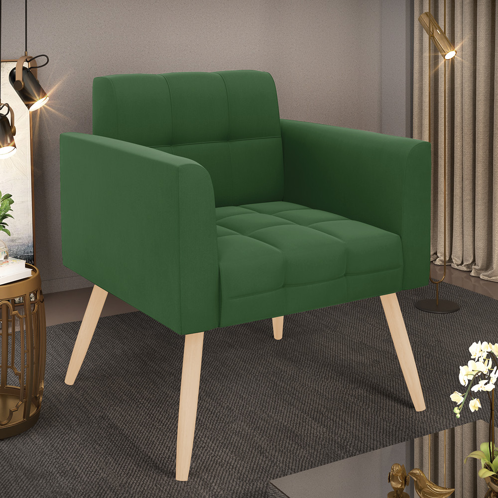 Poltrona Elisa Suede Verde Pés Palito Natural - D'Rossi