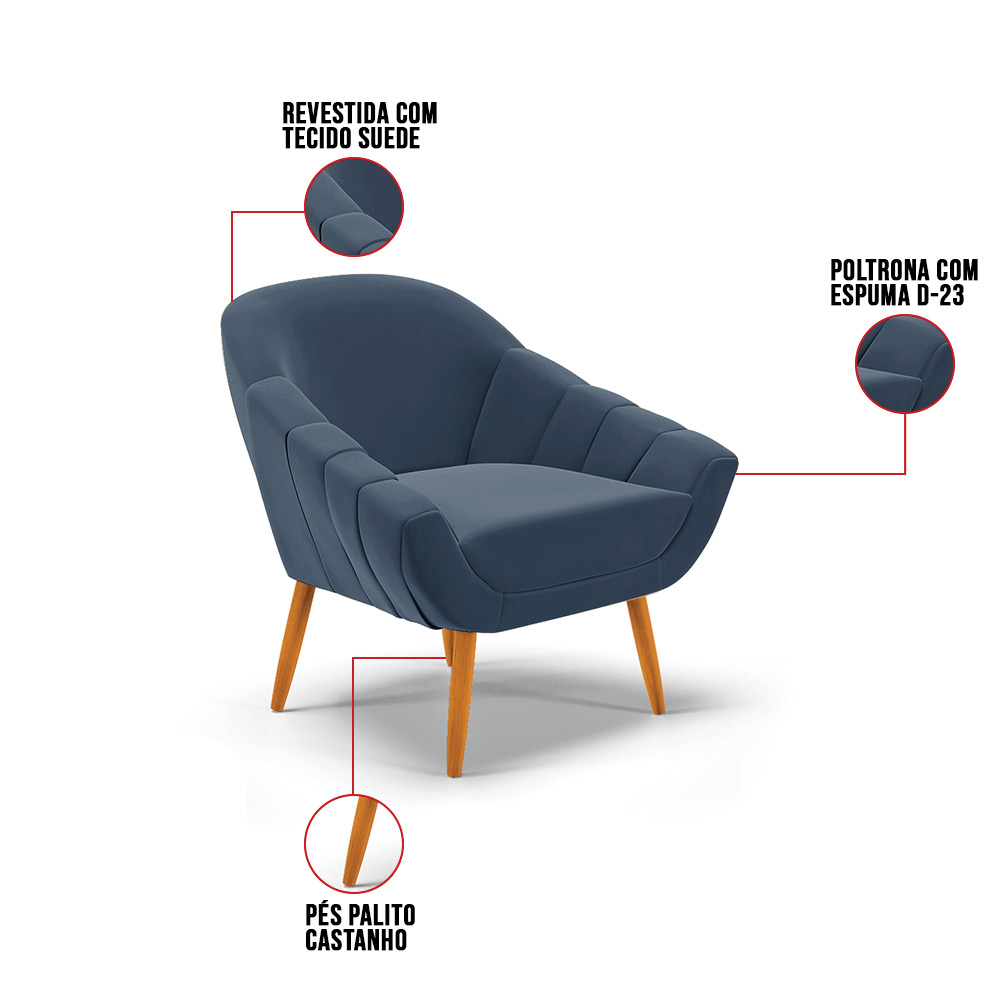 Poltrona Giovana Suede Azul Marinho Pés Palito Castanho - D'Rossi
