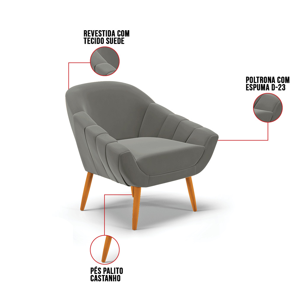 Poltrona Giovana Suede Grafite Pés Palito Castanho - D'Rossi
