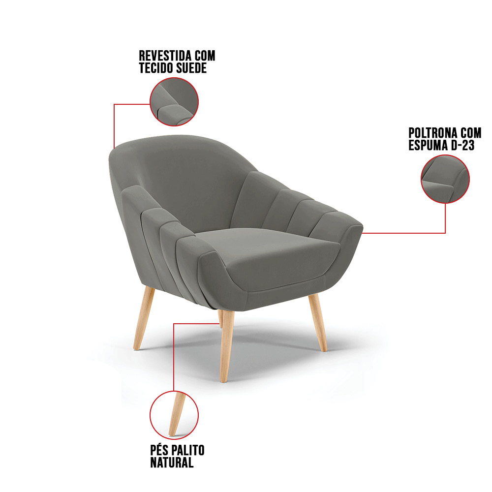 Poltrona Giovana Suede Grafite Pés Palito Natural - D'Rossi