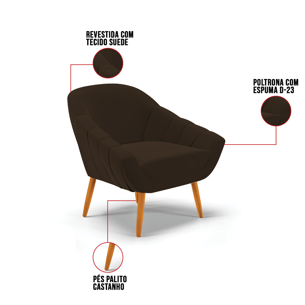 Poltrona Giovana Suede Marrom Pés Palito Castanho - D'Rossi