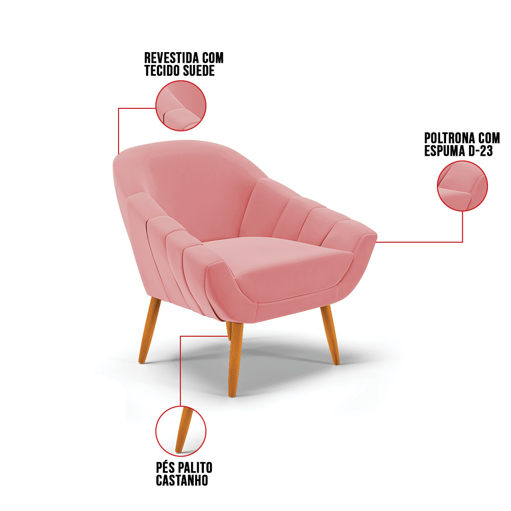 Poltrona Giovana Suede Rosê Pés Palito Castanho D'Rossi