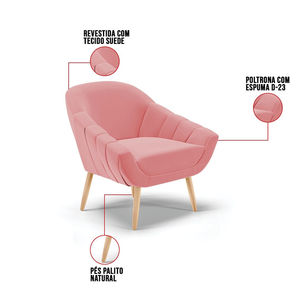 Poltrona Giovana Suede Rosê Pés Palito Natural - D'Rossi