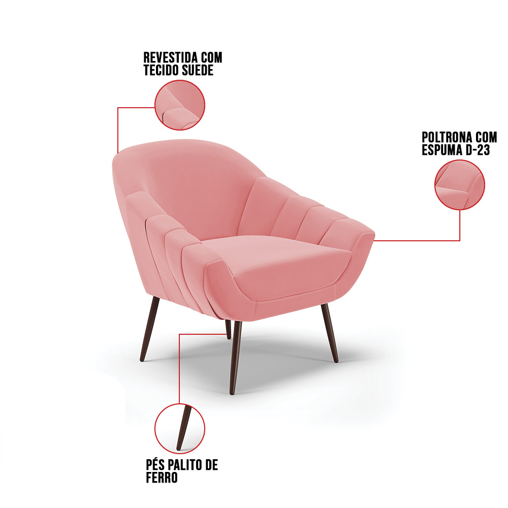 Poltrona Giovana Suede Rosê Pés Palito de Ferro - D'Rossi