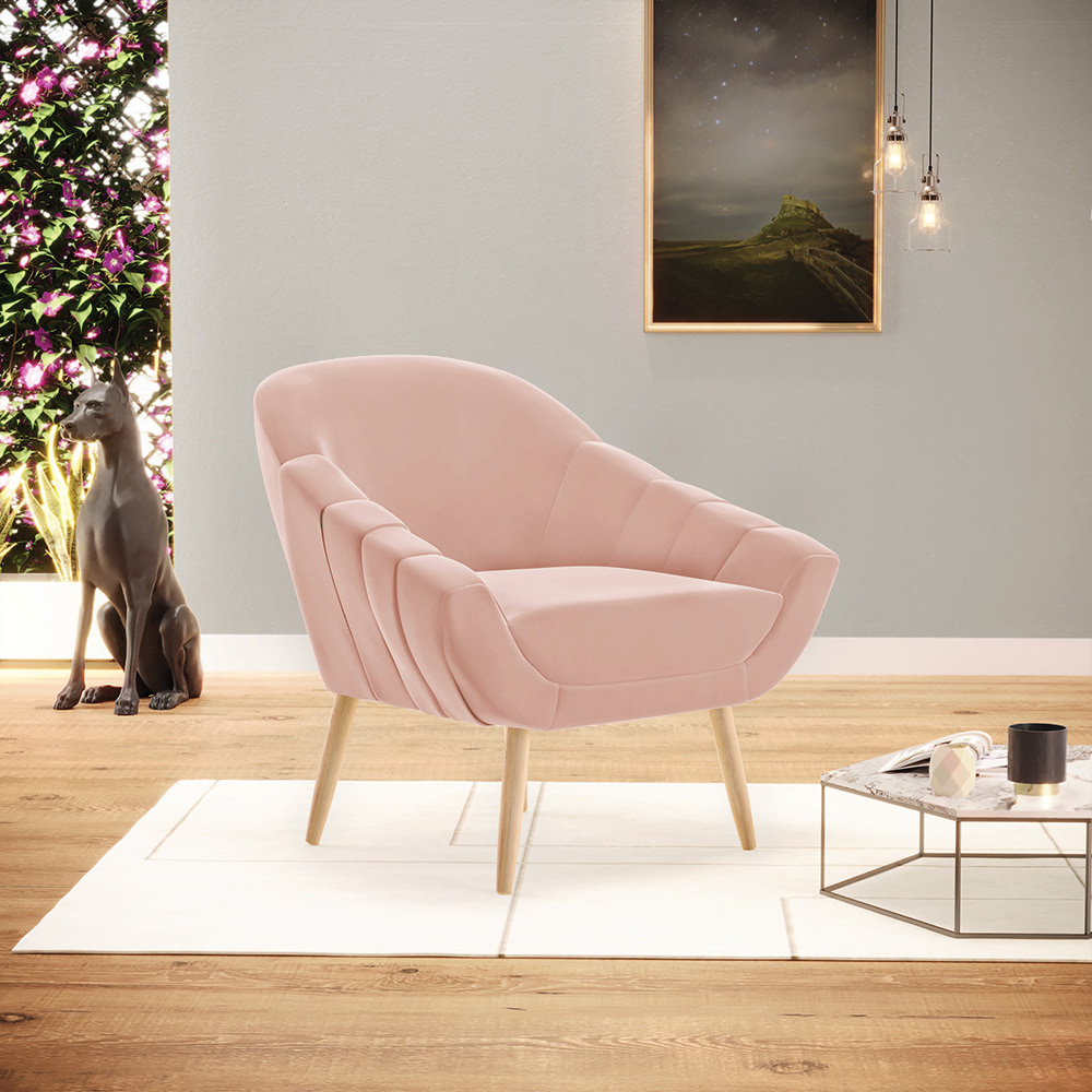 Poltrona Giovana Veludo Rosê Pés Palito Natural - D'Rossi