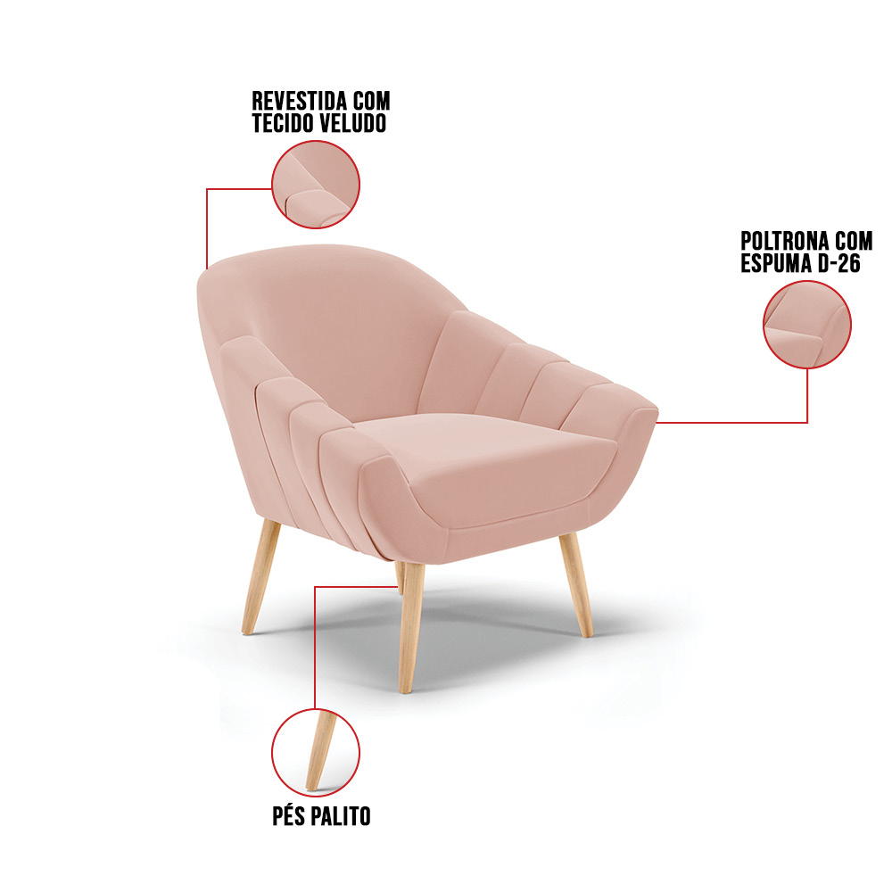 Poltrona Giovana Veludo Rosê Pés Palito Natural - D'Rossi